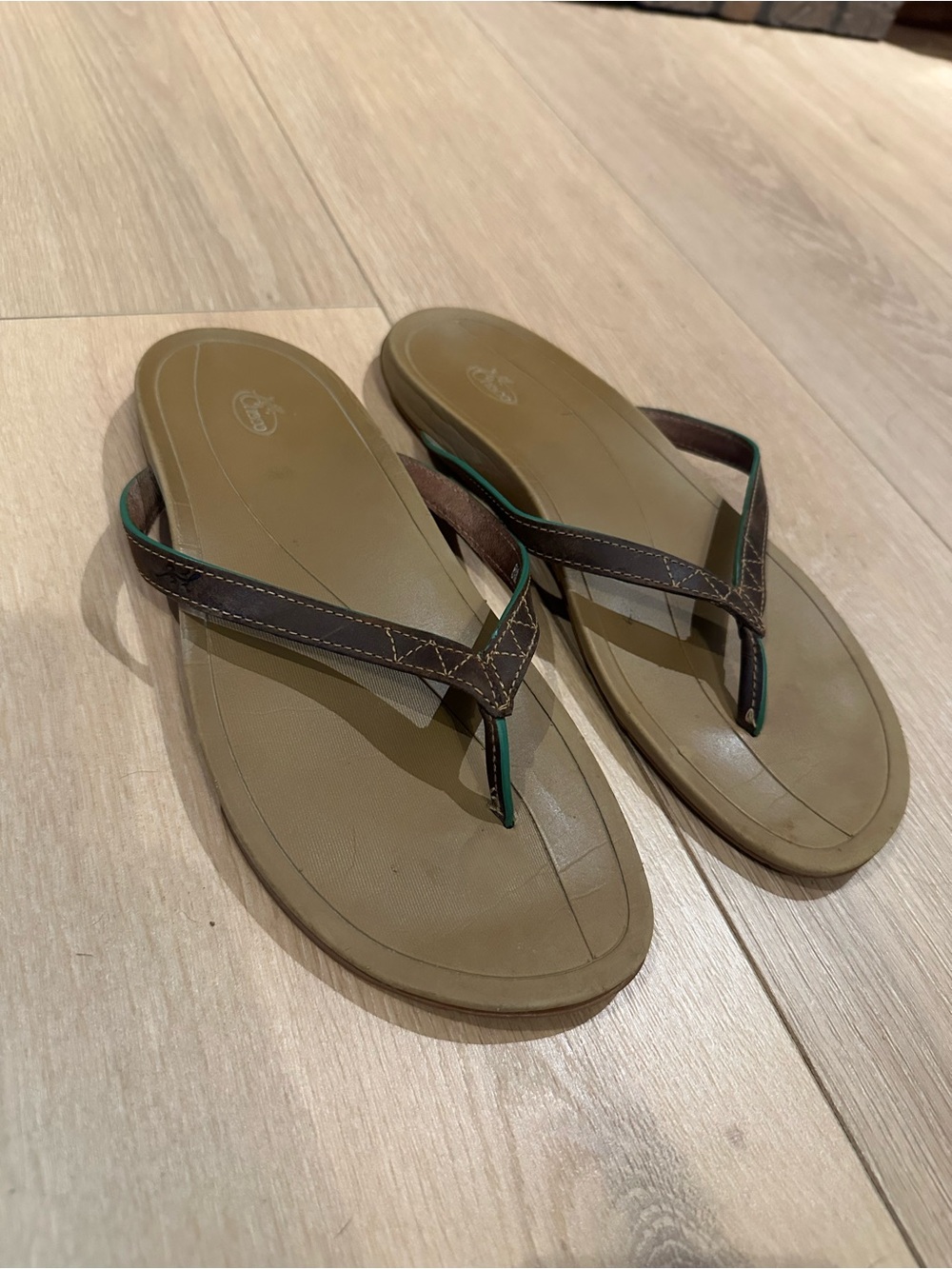 Chaco Biza Women's Leather Flip Flops - Brown & Turquoise Trim Thong Sandals